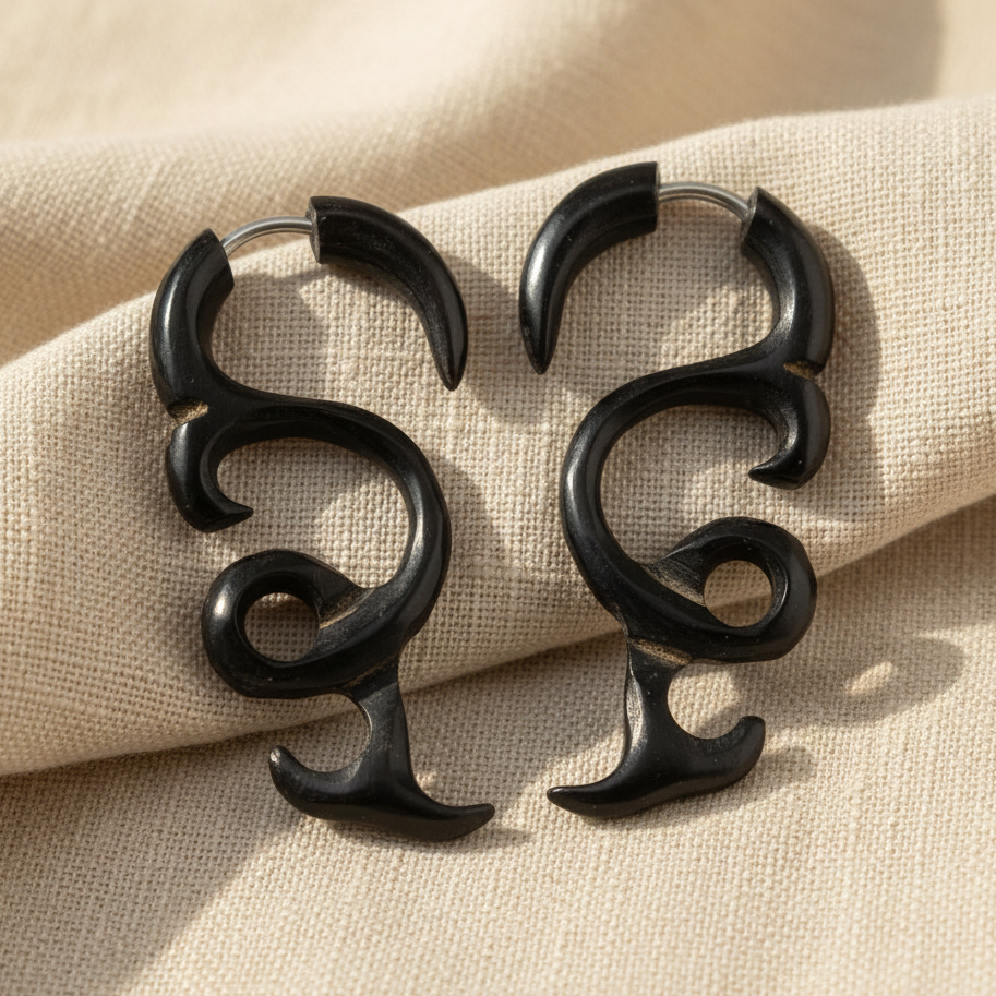Hand Carved Horn Tribal Spiral Swirl Earrings - Steel Posts