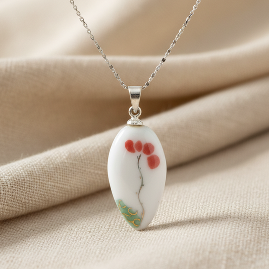 Hand Painted Ceramic - Silver Pendant Necklace