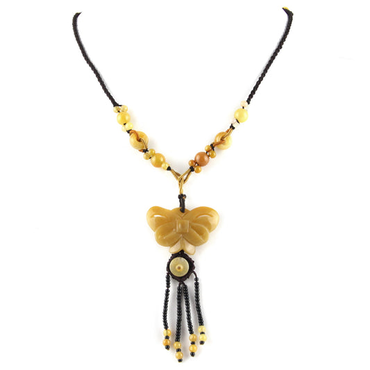 Peach Natural Stone Butterfly and Beads - Knotted Bead Detail - Brown Adjustable Necklace – Evolatree Jewelry