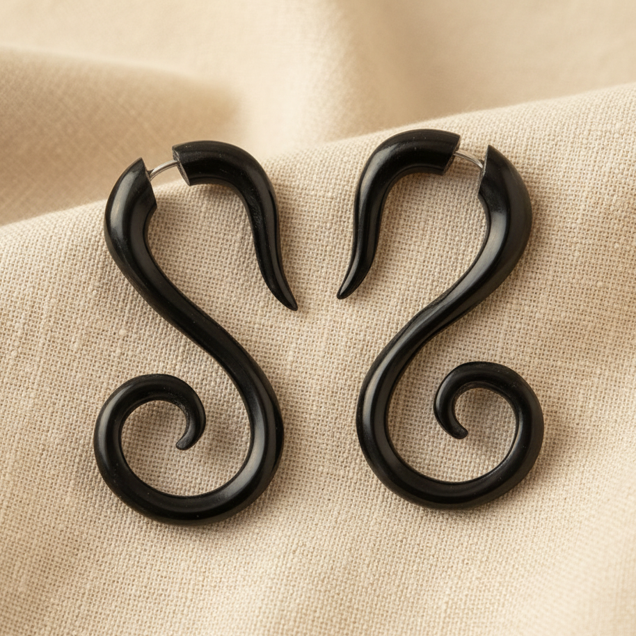Hand Carved Horn Deep Brown Black Tribal Swirl Earrings - Steel Posts