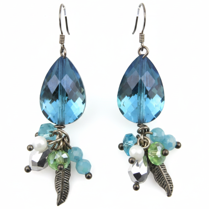 Funky Feather - Sparkle Bead - Iridescent Blue Hook Earrings