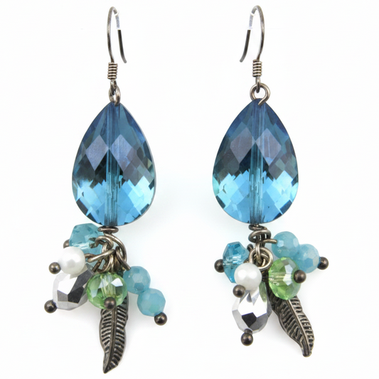 Funky Feather - Sparkle Bead - Iridescent Blue Hook Earrings