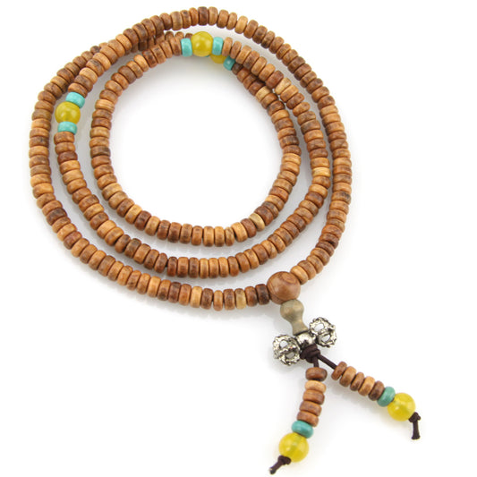 Light Brown Wood & Yellow Turquoise Offset Mala Necklace – Evolatree Jewelry