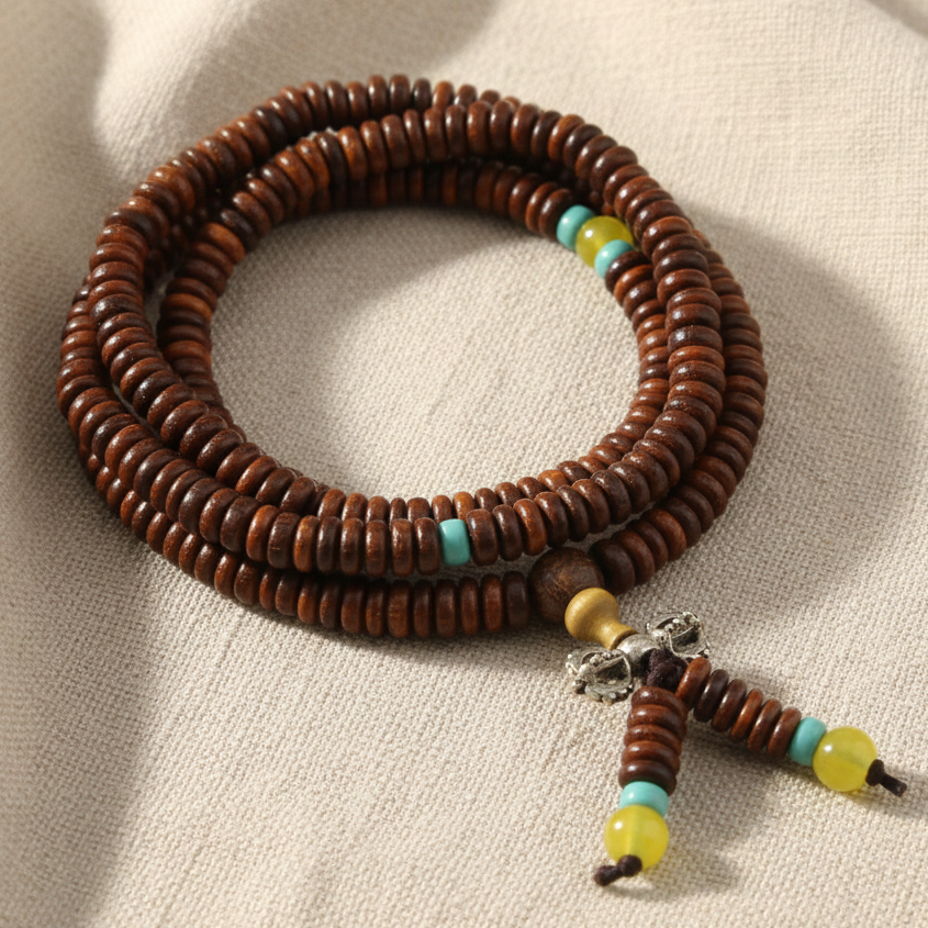 Brown Wood & Yellow Turquoise Offset Mala Necklace