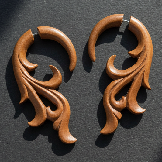 Fern Filigree Wood Fake Gauge Earrings - Non-Piercing Cheater Plugs