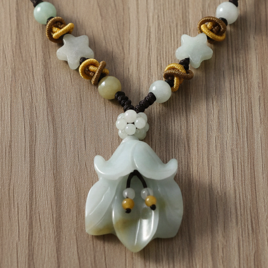 Floral Carved Natural Stone Pendant - Star Beaded Black Woven Necklace