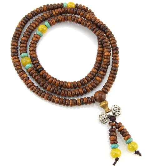 Brown Wood & Yellow Turquoise Offset Mala Necklace – Evolatree Jewelry