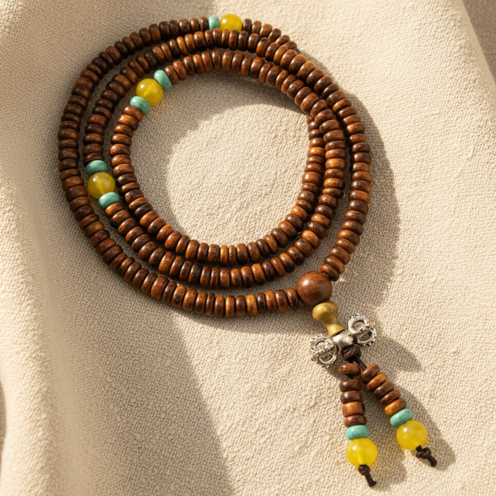 Brown Wood & Yellow Turquoise Offset Mala Necklace