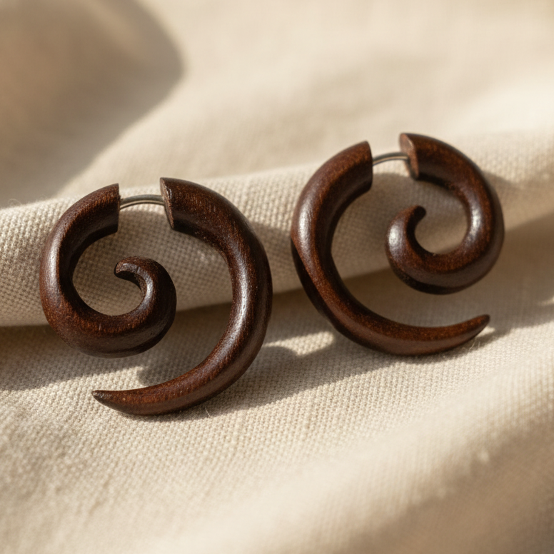 Hand Carved Sono Wood Spiral Earrings