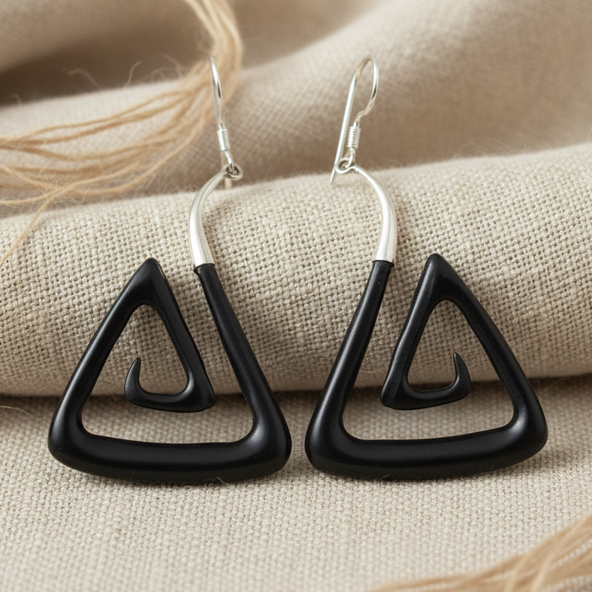 Triangle Spiral - Ox Horn & Silver Earrings