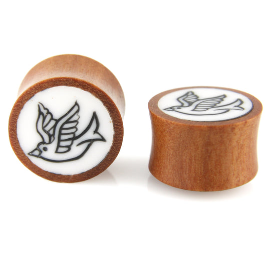 Hand Carved Resin & Wood Sparrow Ear Plugs