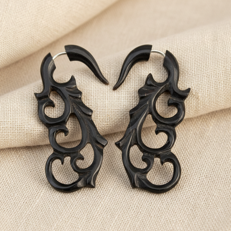 Hand Carved Horn Tribal Fern Filigree Hook Earrings - Steel Posts