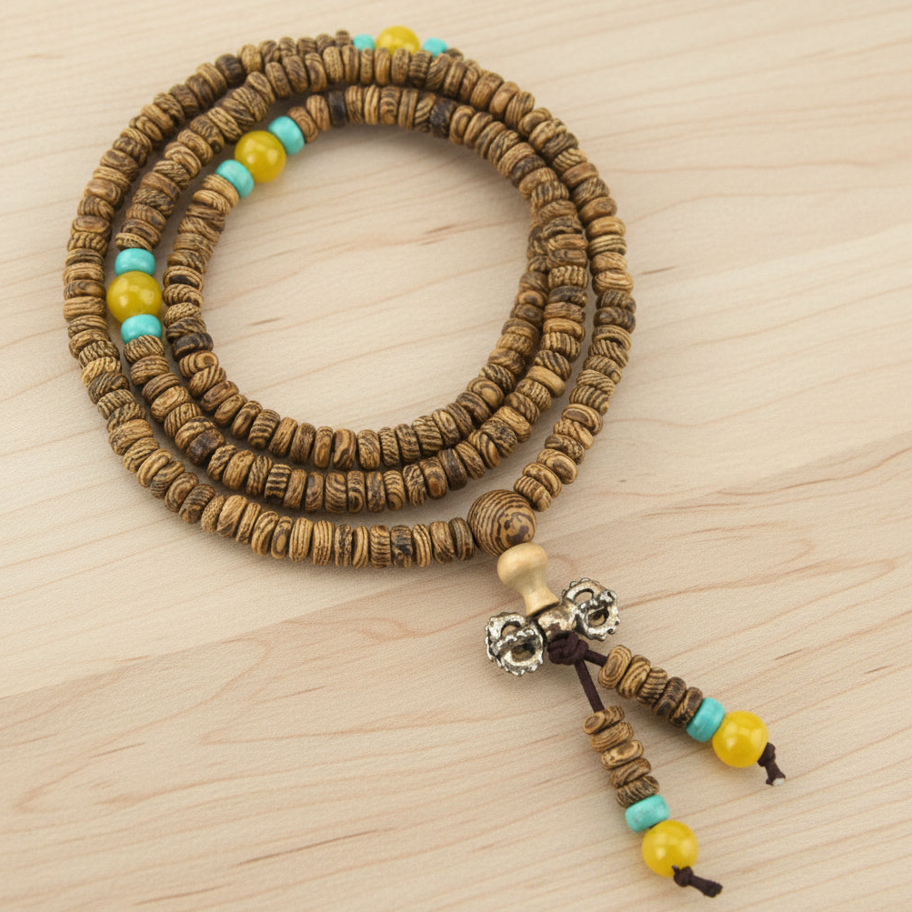 Textured Wood & Yellow Turquoise Offset Mala Necklace