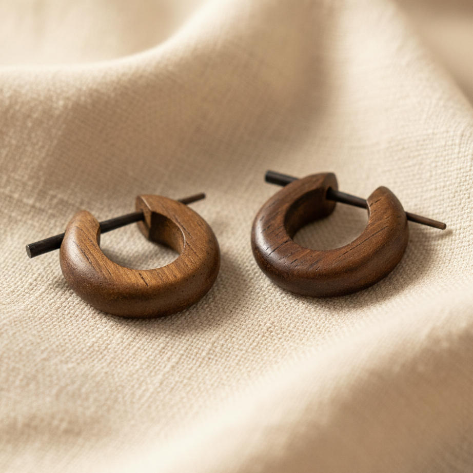 Hand Carved Sono Wood Small Hoop Earrings