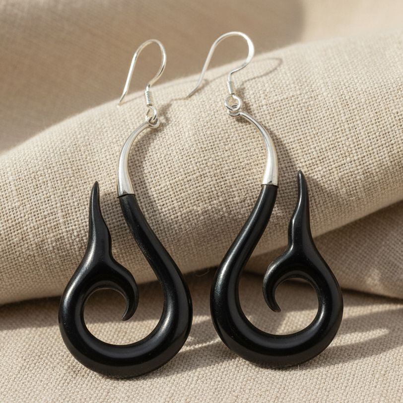 Whale's Tail - Ox Horn & Silver Earrings