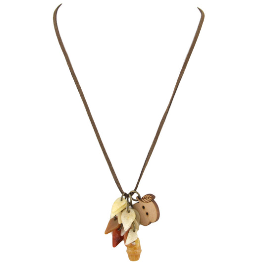 Natural Stone Flower & Leaf Wood Apple Charm Pendant with Brown Leather Necklace – image 2 – Evolatree Jewelry