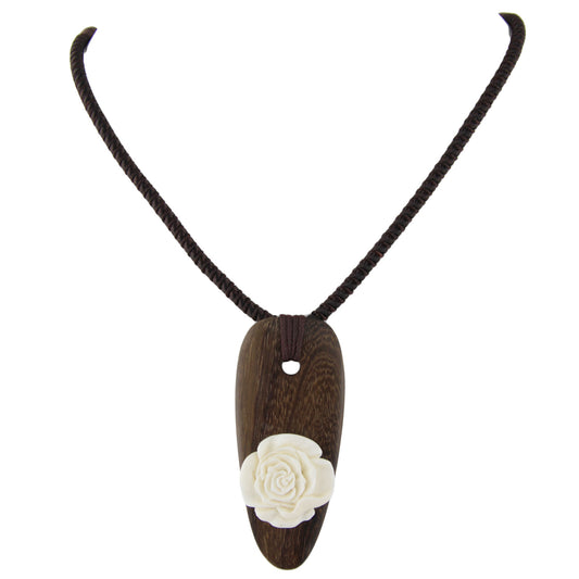 Hand Carved Bone Rose on Wood Spear Head Pendant Necklace – image 3 – Evolatree Jewelry