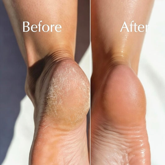 Before and after using Evolatree natural volcanic lava pumice stone for feet – removes dead skin, calluses, corns, and cracked heels for silky smooth results.