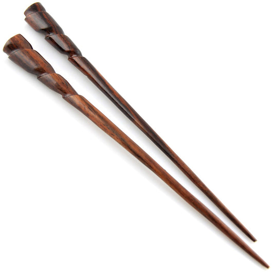 Natural Hair Pin Chopsticks - Pair of Spiral Hair Sticks for Women and Men - Hand Carved Wood Styling Pin Set - Wide Cut Spiral - 7.5 Inches Long