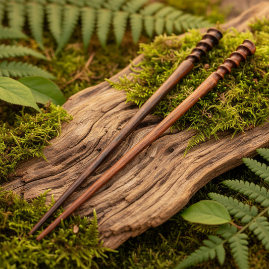 A pair of hand-carved wooden hair sticks with a spiral design, used as chopsticks for styling hair.
