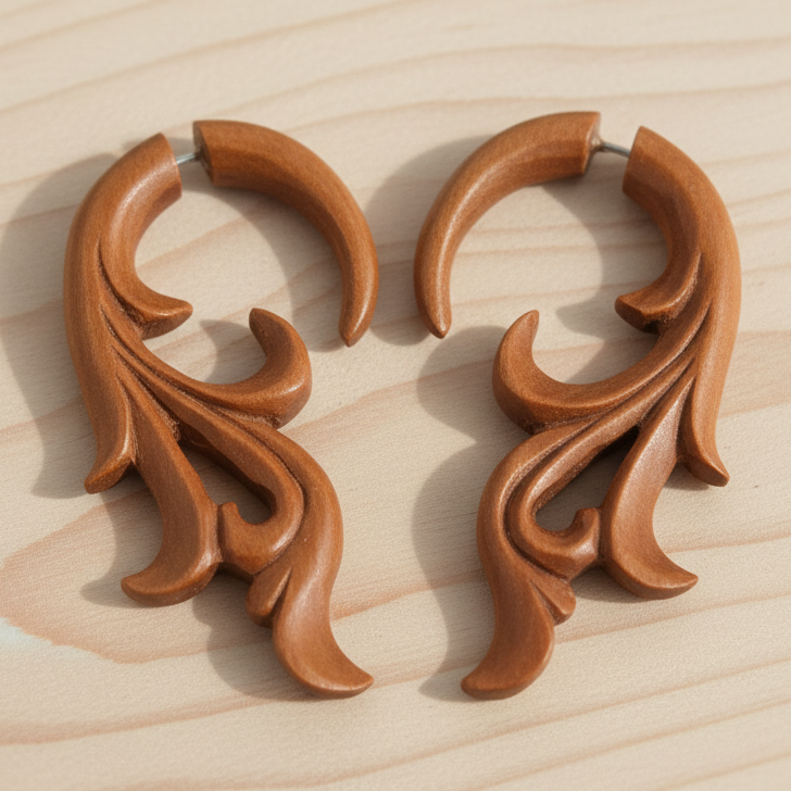 Fern Filigree Wood Fake Gauge Earrings - Non-Piercing Cheater Plugs