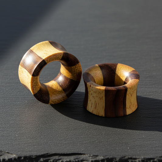 Hand Carved Wood Two Tone Bevel Tunnel Plugs