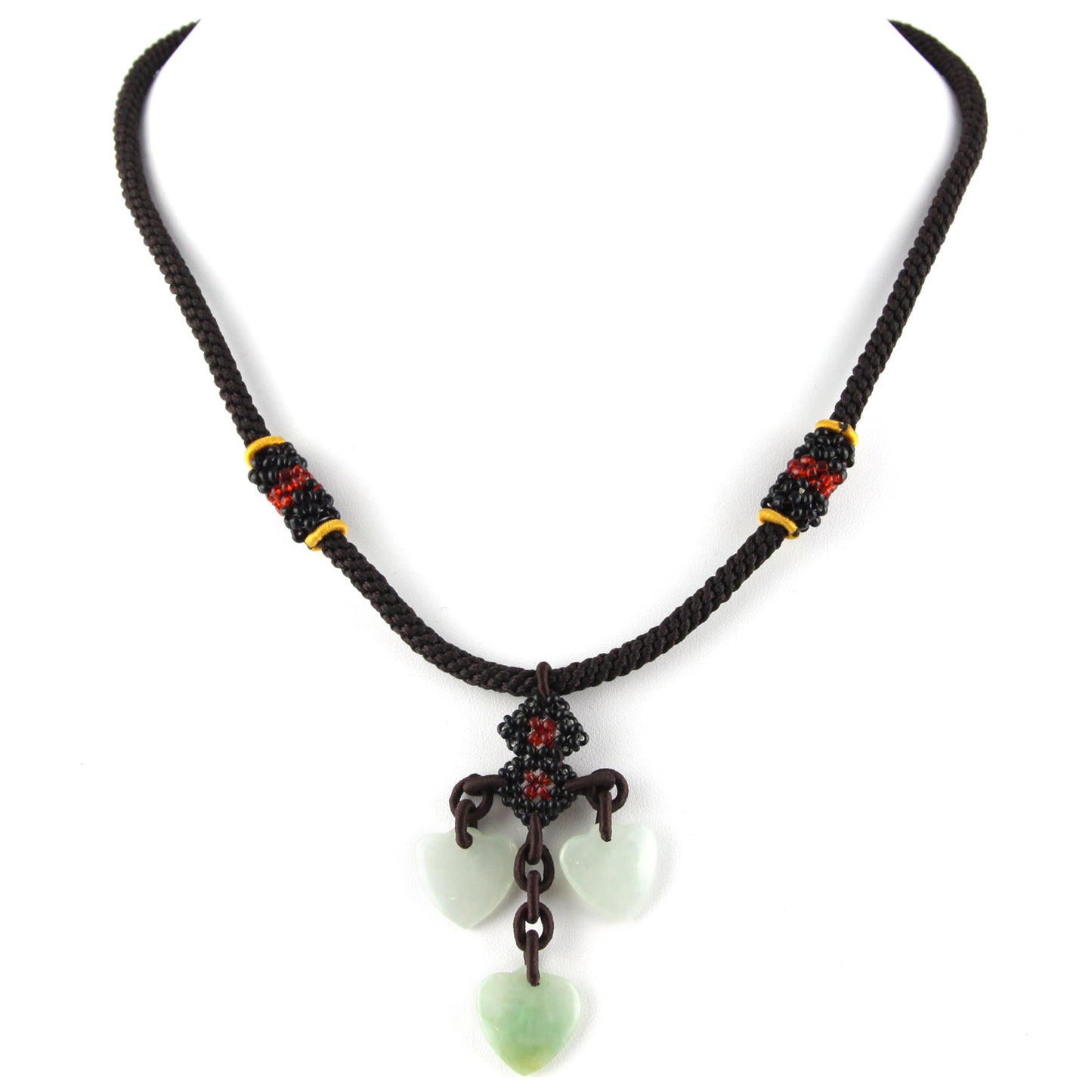 Iridescent White and Green Natural Stone Hearts Pendant - Thick Brown Woven Adjustable Necklace – Evolatree Jewelry