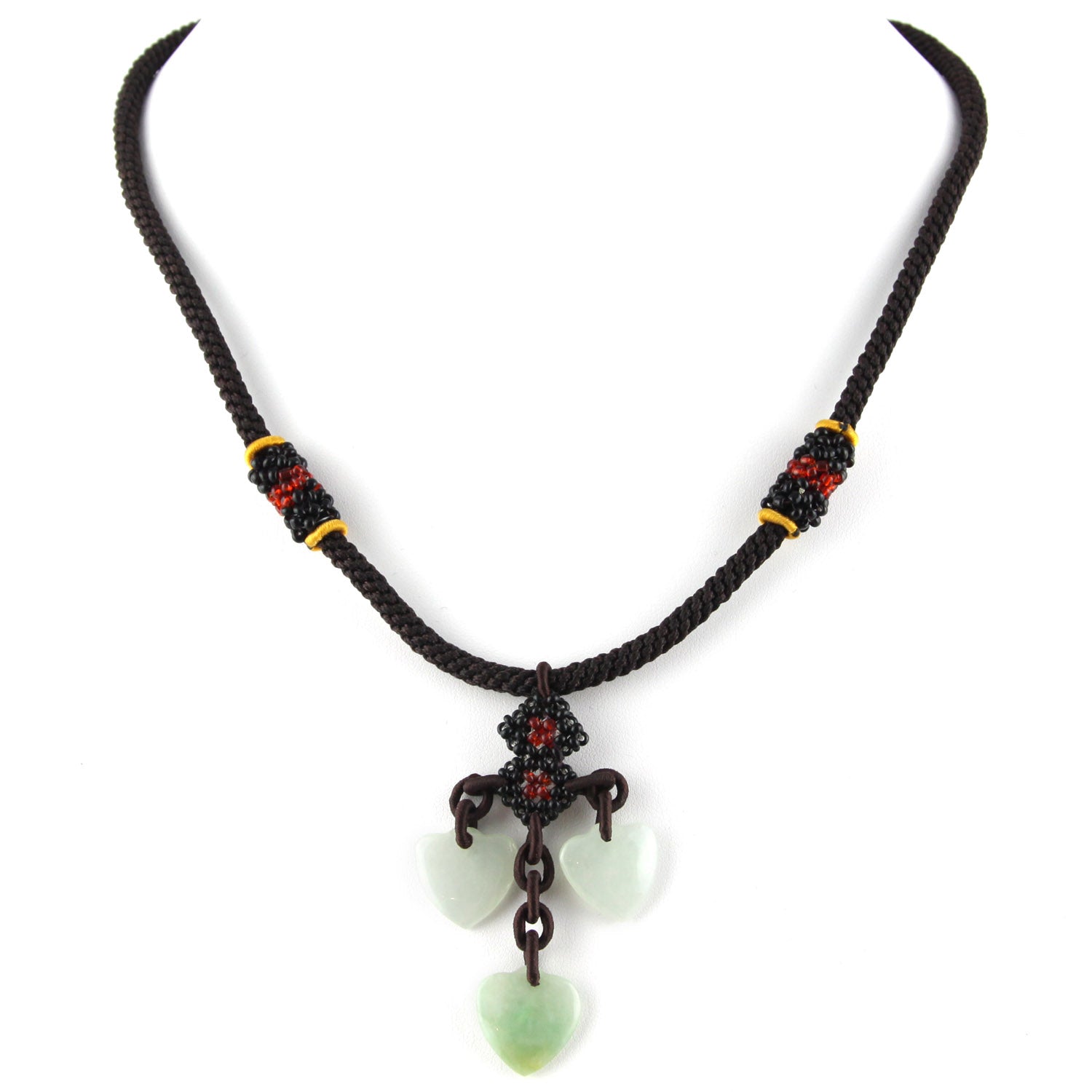 Iridescent White and Green Natural Stone Hearts Pendant - Thick Brown Woven Adjustable Necklace – Evolatree Jewelry