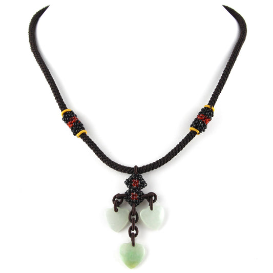 Iridescent White and Green Natural Stone Hearts Pendant - Thick Brown Woven Adjustable Necklace – Evolatree Jewelry
