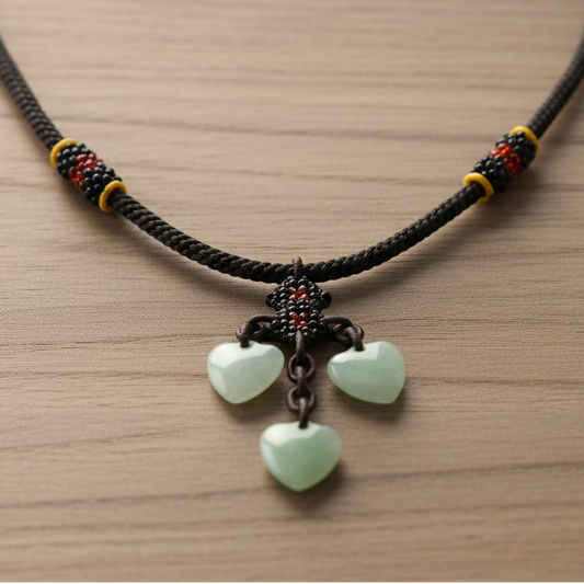 Iridescent White and Green Natural Stone Hearts Pendant - Thick Brown Woven Adjustable Necklace