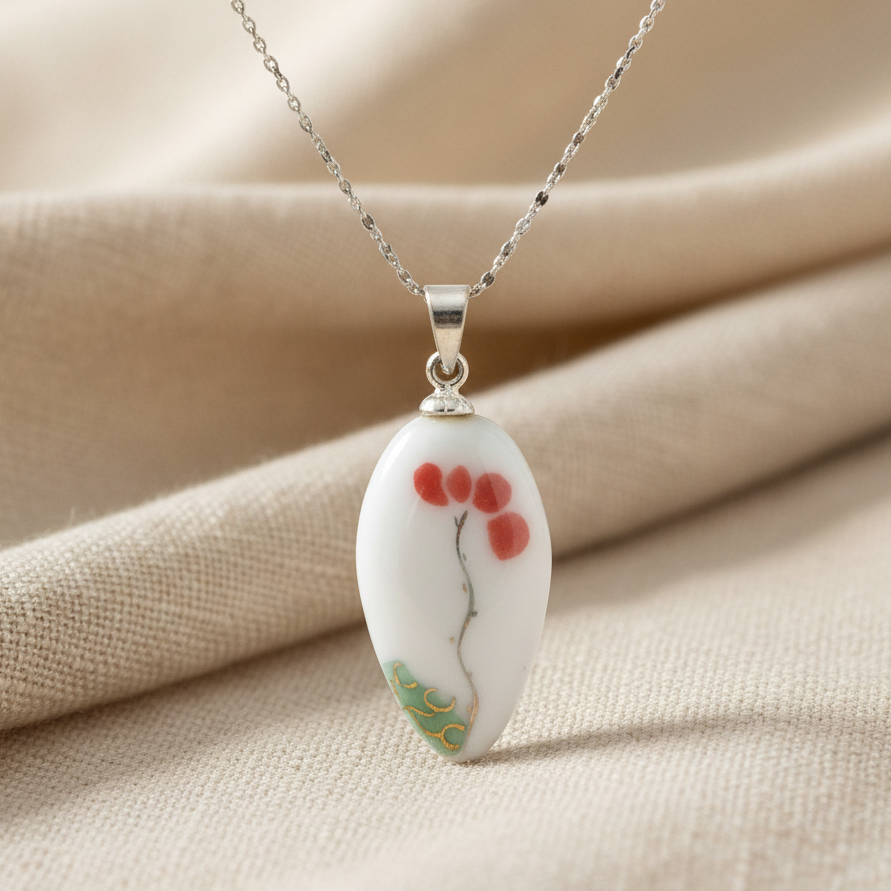 Hand Painted Ceramic - Silver Pendant Necklace
