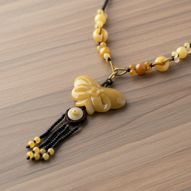 Peach Natural Stone Butterfly and Beads - Knotted Bead Detail - Brown Adjustable Necklace