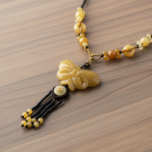 Peach Natural Stone Butterfly and Beads - Knotted Bead Detail - Brown Adjustable Necklace