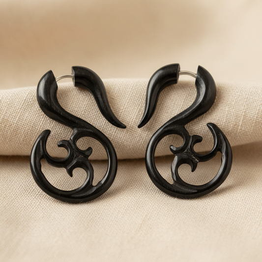 Hand Carved Horn Tribal Spiral Sphere Hook Earrings - Steel Posts