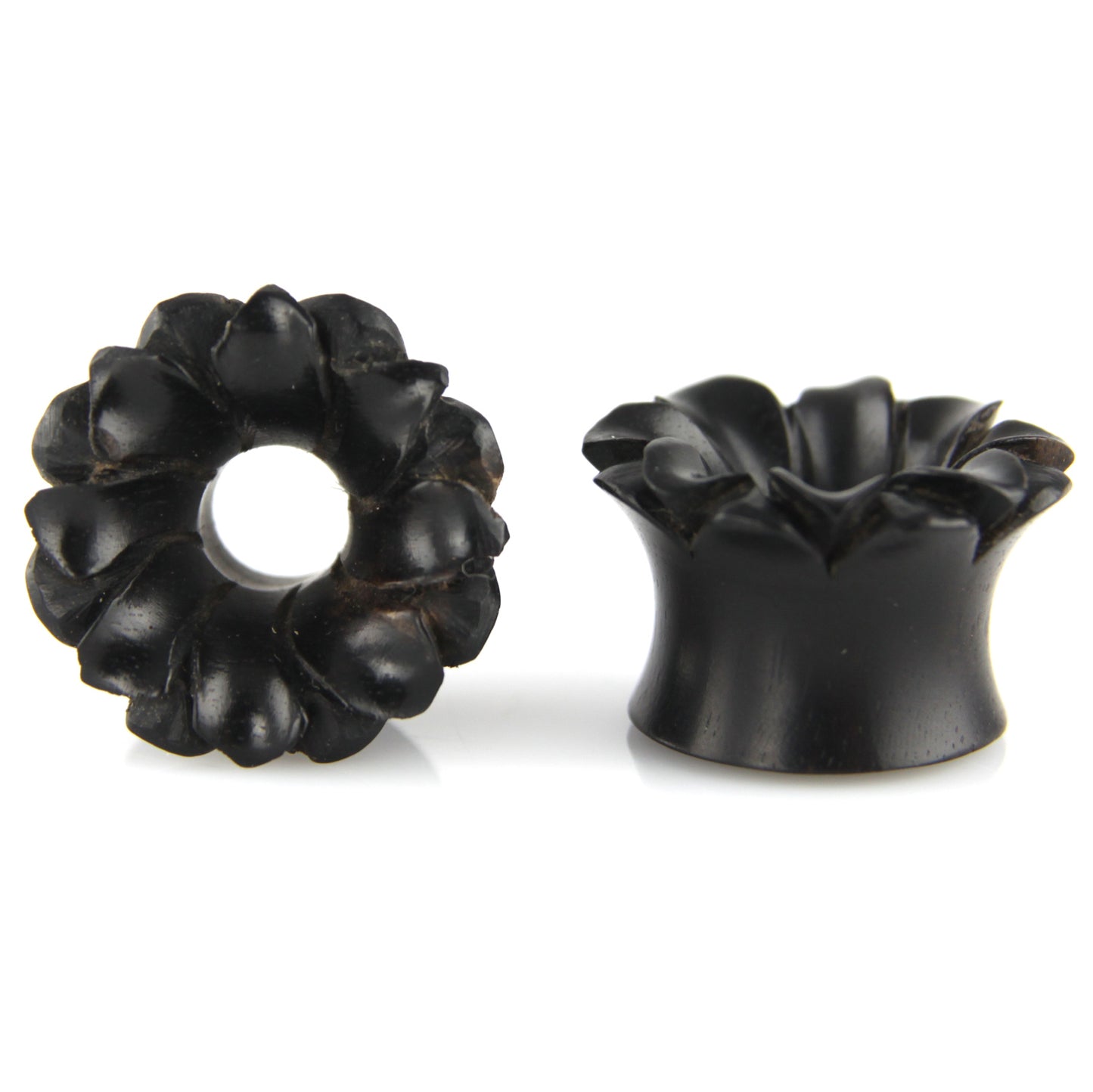 Hand Carved Floral Burst Ear Plugs – image 2 – Evolatree Jewelry