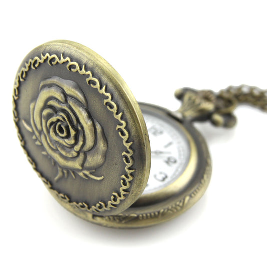 Brass Locket Watch Necklace - Rose Flower Quartz Pendant – Evolatree Jewelry