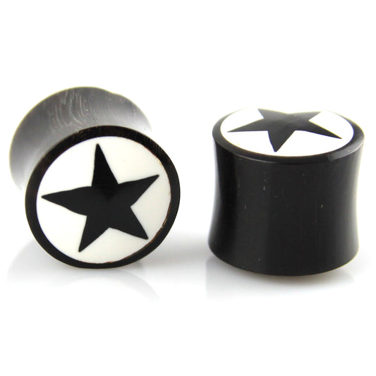 Hand Carved Horn Plugs with Black and White Star Inlay Ear Plugs - 12mm / 0000g – Evolatree Jewelry