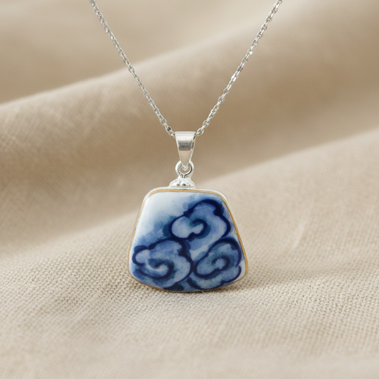 Hand Painted Ceramic - Silver Pendant Necklace