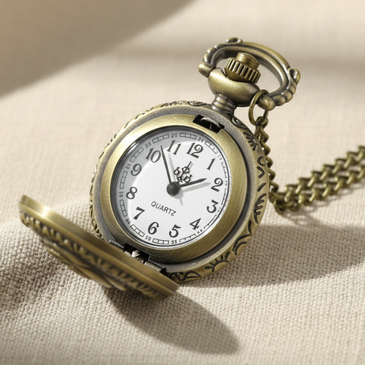 Brass Locket Watch Necklace - Blooming Rose Quartz Pendant