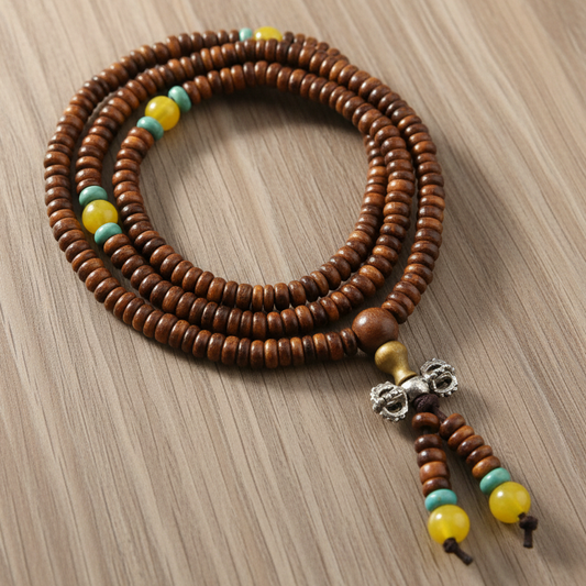 Brown Wood & Yellow Turquoise Offset Mala Necklace