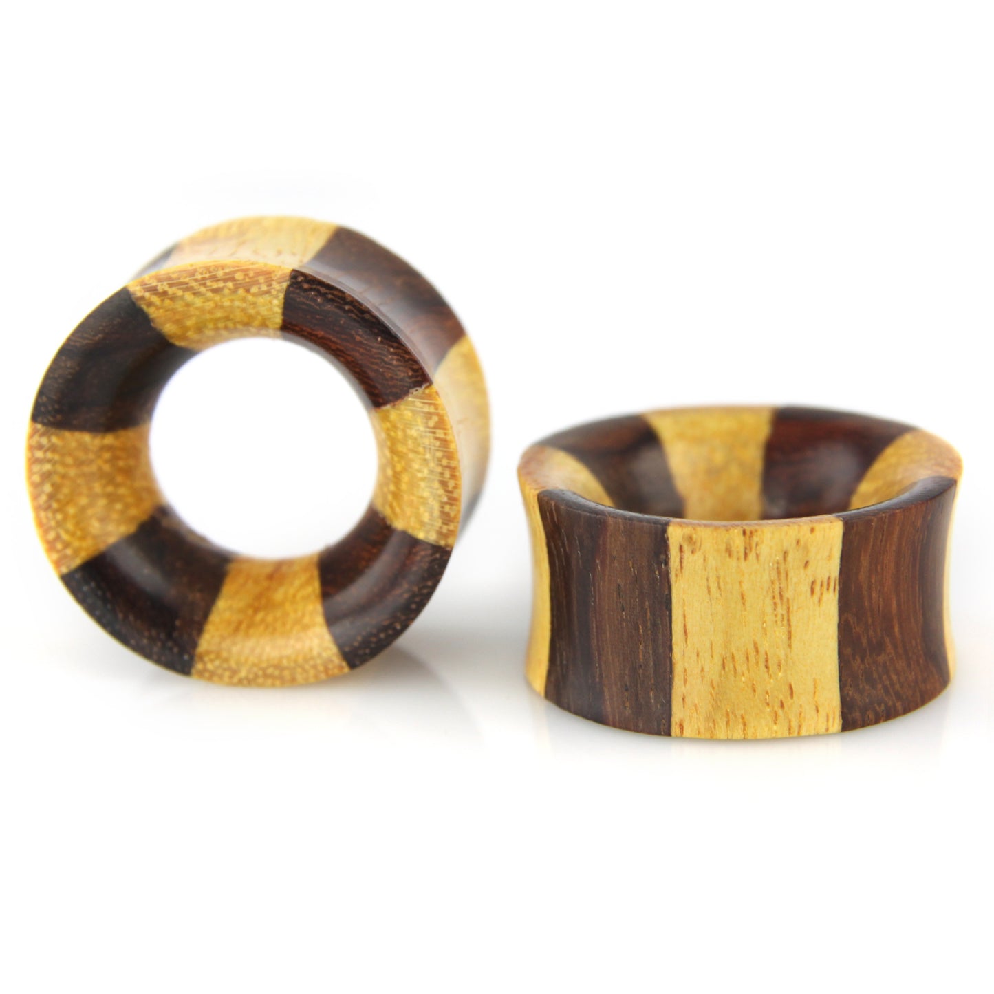 Hand Carved Wood Two Tone Bevel Tunnel Plugs – image 2 – Evolatree Jewelry