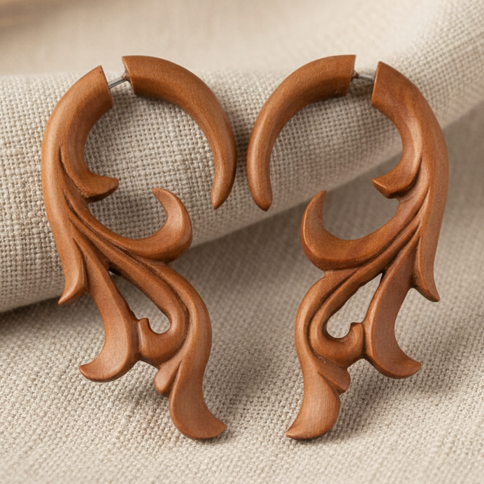 Fern Filigree Wood Fake Gauge Earrings - Non-Piercing Cheater Plugs