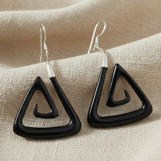 Triangle Spiral - Ox Horn & Silver Earrings