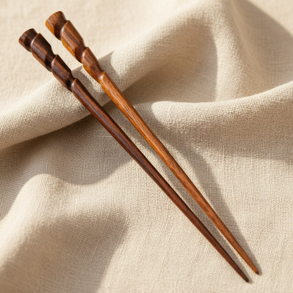 Natural Hair Pin Chopsticks - Pair of Spiral Hair Sticks for Women and Men - Hand Carved Wood Styling Pin Set - Wide Cut Spiral - 7.5 Inches Long