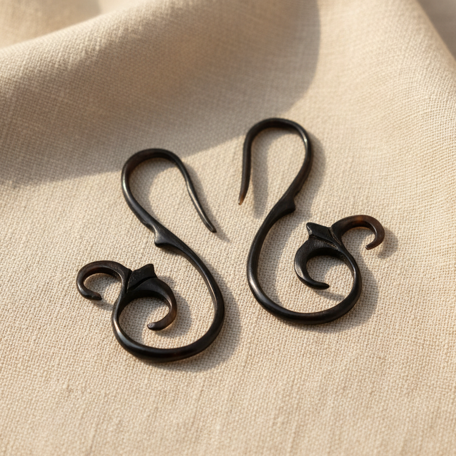Hand Carved Horn Floral Fish Hook Ear Gauges - 2mm / 12g