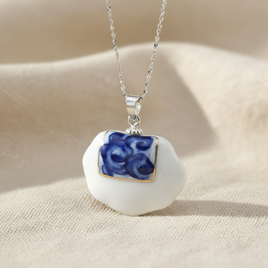 Hand Painted Ceramic - Silver Pendant Necklace