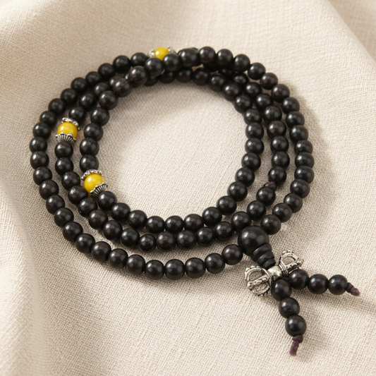 Dark Wood & Yellow Offset Mala Necklace