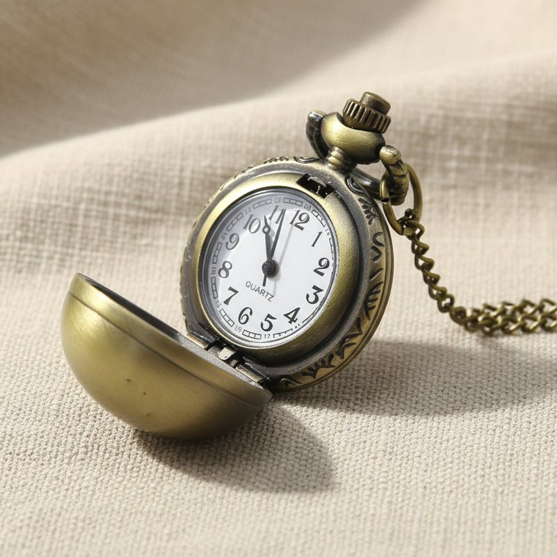 Brass Locket Watch Necklace - Polished Sphere Quartz Pendant