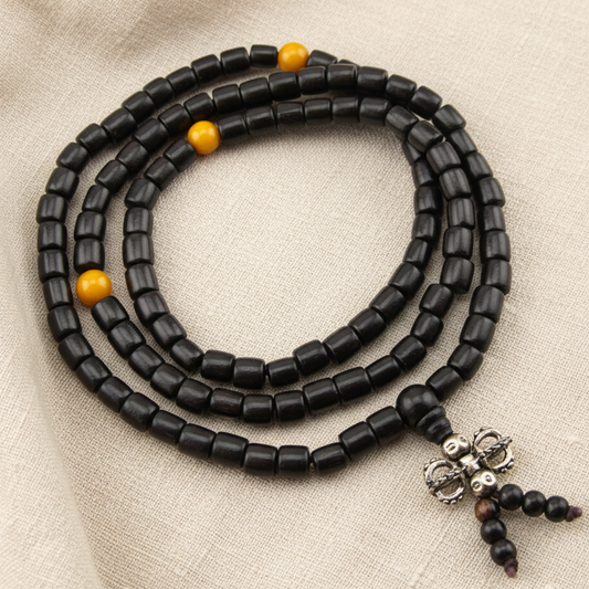 Black Wood & Yellow Offset Mala Necklace