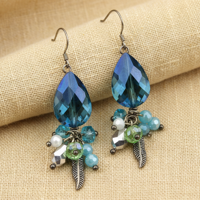 Funky Feather - Sparkle Bead - Iridescent Blue Hook Earrings